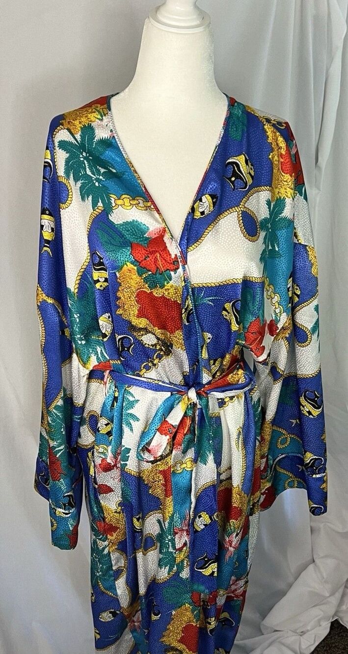 VTG Mary McFadden Silk Robe Tropical Chain Print USA Made Belted Lounge Jacket L